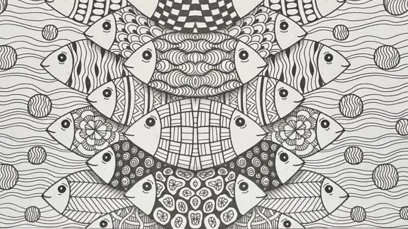 Detailed black-and-white patterned fish illustration featuring repeating geometric designs, flowing wave lines and circular motifs arranged in a symmetrical underwater composition.